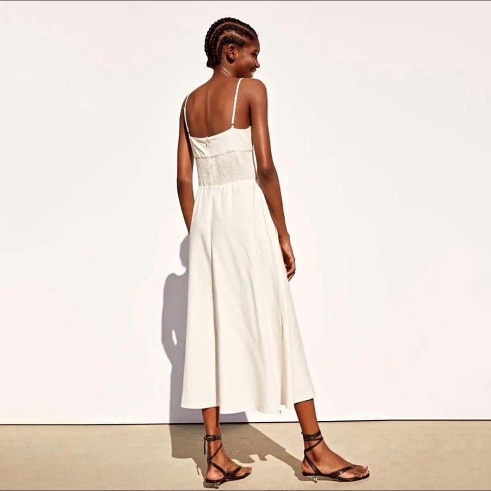 Zara Elegant White / Cream Linen Blend Midi Dress Size S - Picture 4 of 8
